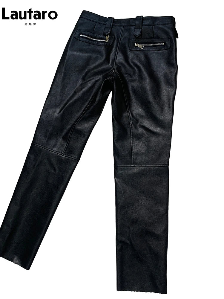 Lautaro Autumn Cool Black Fitted Faux Leather Moto & Biker Pencil Pants Men High Waist Luxury Mens Designer Clothes Fashion 2025