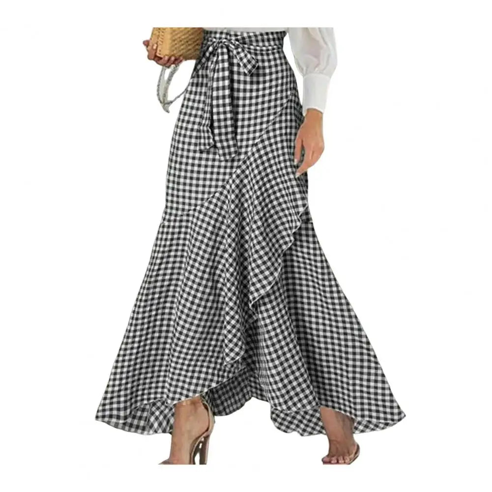 Breathable Skirt Elegant Lace-up Ruffle Trim Maxi Skirt with Plaid Print Bow Tie Detail High Waist Irregular Hem Skirt for Women Black