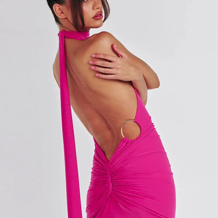 Backl Strap Halter Backless Sexy Mini Dress For Women New Fashion Metal Ring Sleeveless Pleated Bodycon Party Dress Rose Pink