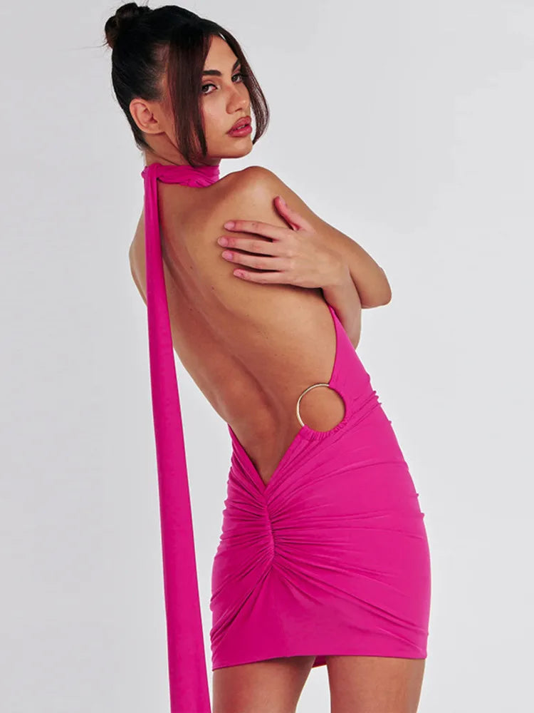 Backl Strap Halter Backless Sexy Mini Dress For Women New Fashion Metal Ring Sleeveless Pleated Bodycon Party Dress Rose Pink