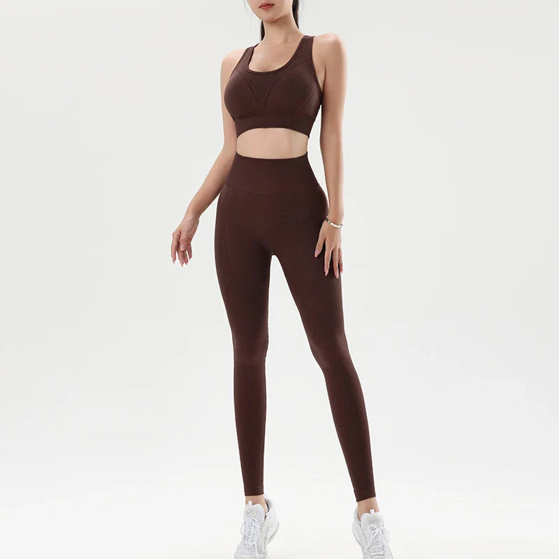 omen's sports fitness suit shock-proof fast-drying vest yoga pants high waist pants slimWomen's sports fitness suit shock-proof Chestnut