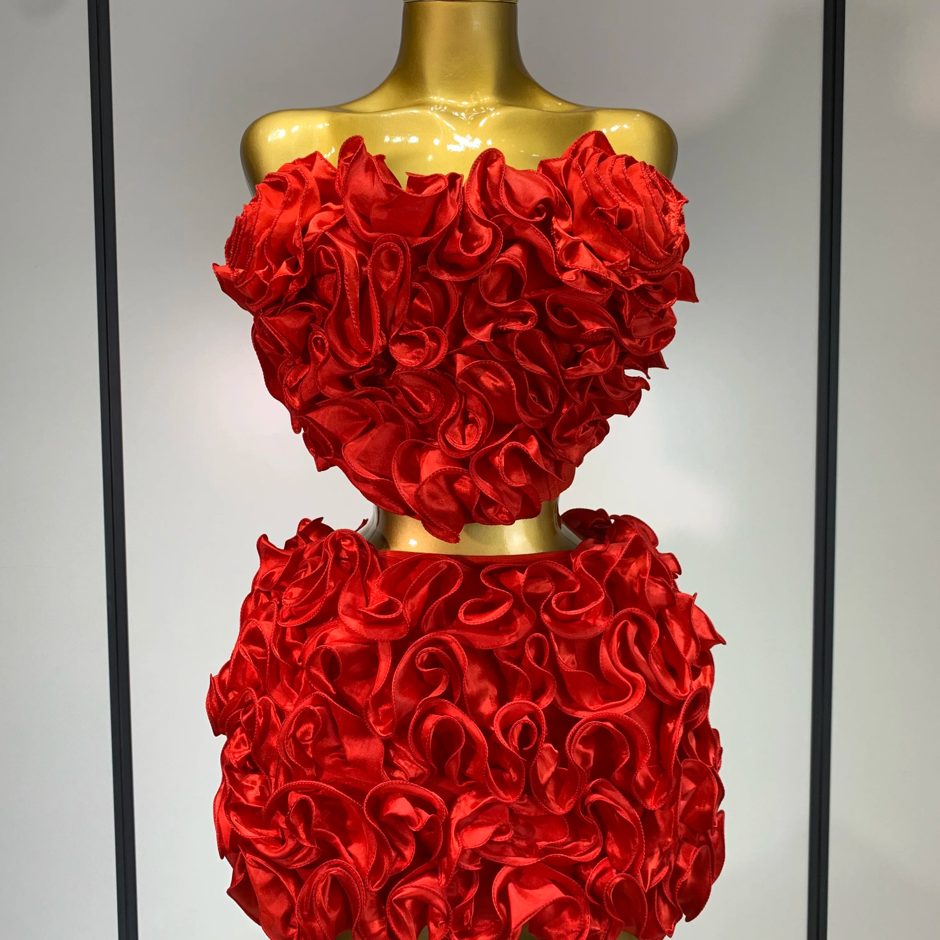 Women Sexy Strapless Red flower Top With Mini Skirt Bodycon Bandage Suit Celebrity Party Cocktail Birthday Two Pieces Set Red
