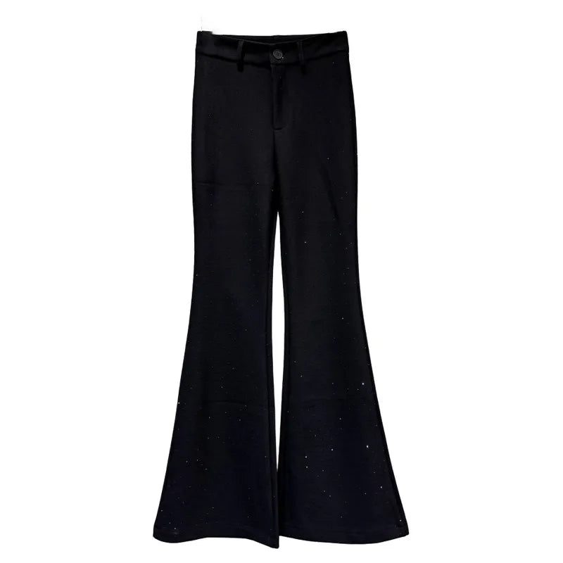 Winter New Fashion Full Rhinestone Stretch Fleece Flared Pants For Women High Waist Slim Fit Trousers Female 11A07729