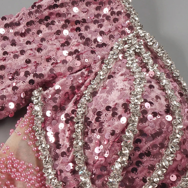 Pink Sparkly Sequins Long Dress Pearls Chains Design Off the Shoulder Long Sleeves Formal Occasion Mermaid Party Evening Gown