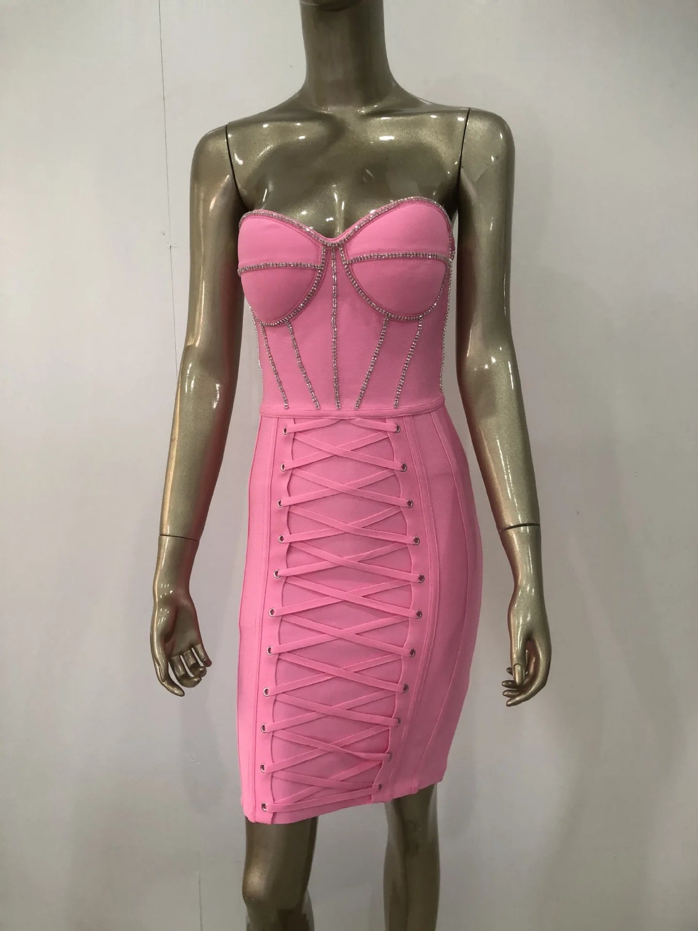 Women Luxury Sexy Strapless Backless Crystal Diamonds Sparkly Pink Mini Bodycon Bandage Dress Elegant Evening Club Party Dress