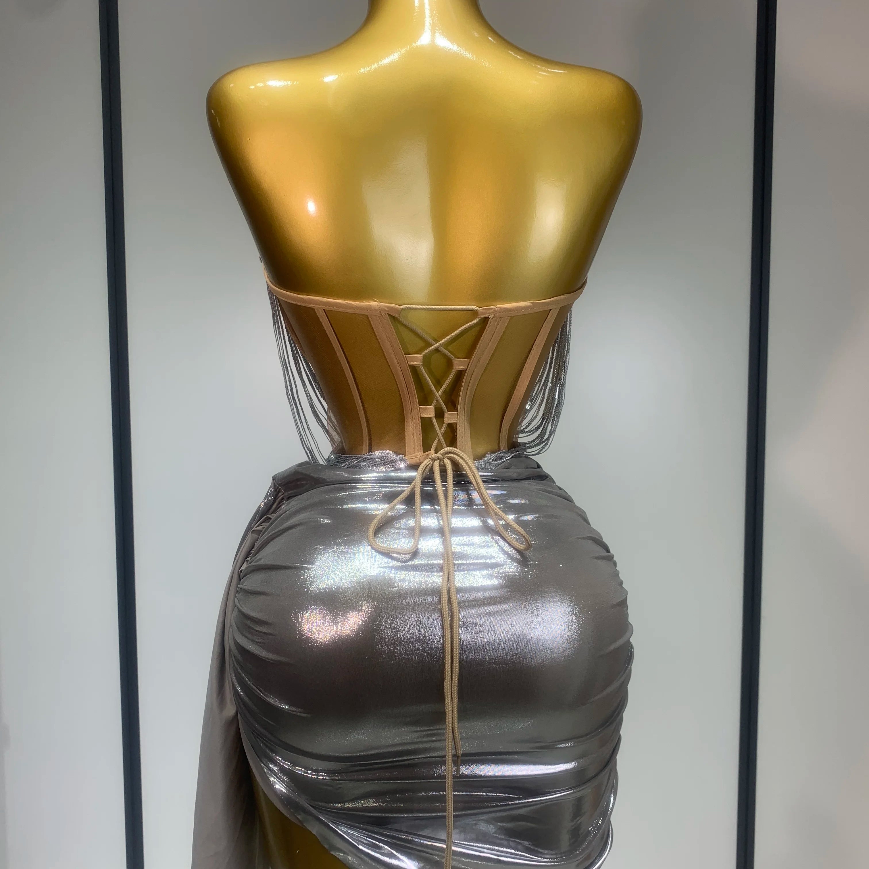 Sparkly Sequin Two Piece Set Sexy Strapless Backless Women Outfit Evening Party Nightclub Stage Performance Dance Costume