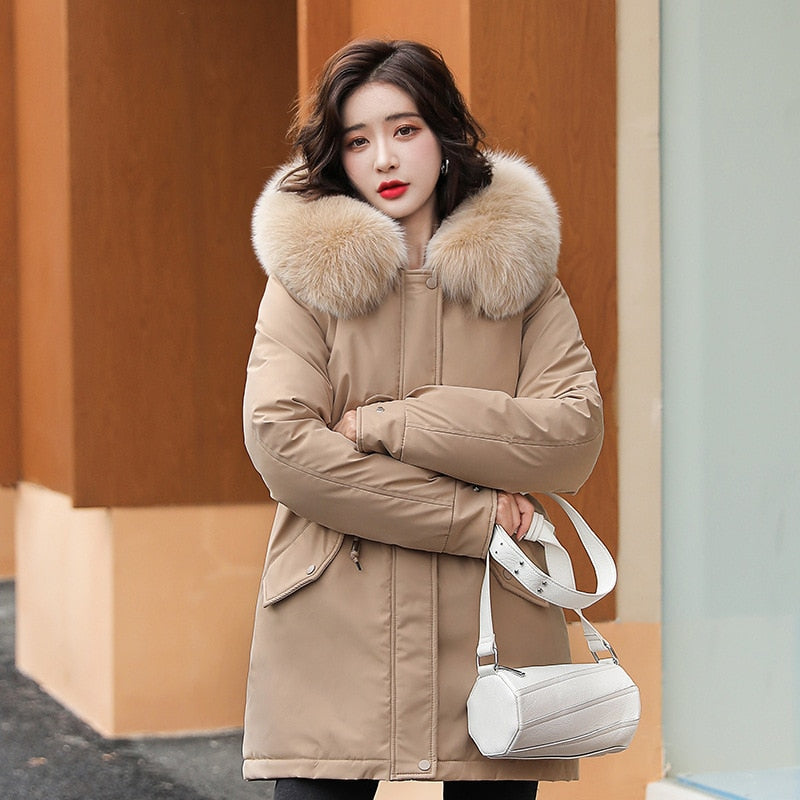 Women Parka Fashion Long Coat Wool Liner Hooded Parkas 2022 New Winter Jacket Slim with Fur Collar Warm Snow Wear Padded Clothes Khaki