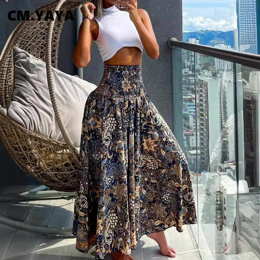 Women Fashion Bandanna Paisley Big Swing High Waist Maxi Skirt Streetwear 2024 Boho Vintage Casual Long Skirts