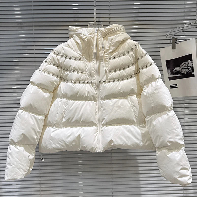 Winter New Heavy Industry Diamond Edge Pleated Hooded Warm Jacket For Women Loose Cotton-padded Coat Female 11A07830 Milky White One Size