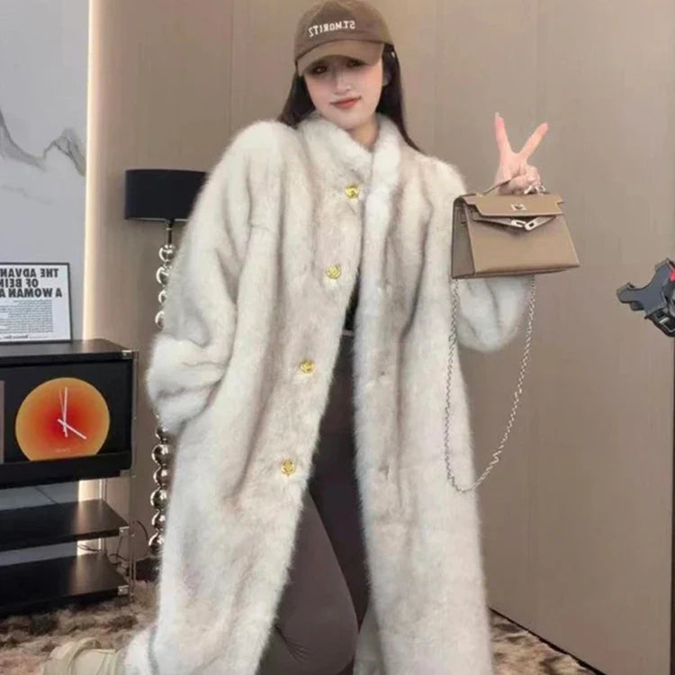 Autumn Winter Long Thick Warm Hairy Soft Faux Fox Fur Coat Women Stand Collar Elegant Luxury Chic Fluffy Jacket 2024