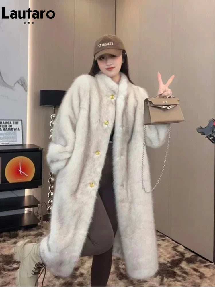 Autumn Winter Long Thick Warm Hairy Soft Faux Fox Fur Coat Women Stand Collar Elegant Luxury Chic Fluffy Jacket 2024