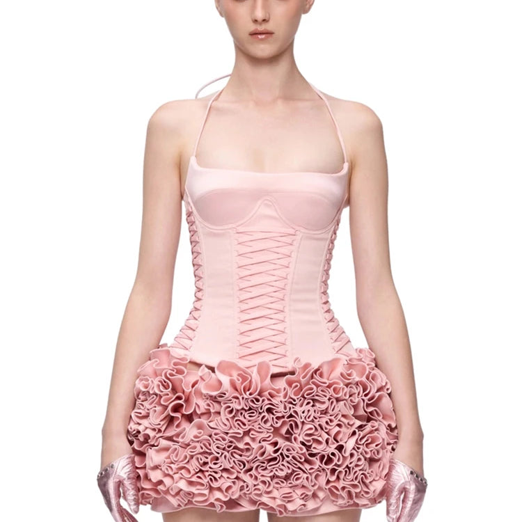 Dreamy Adorable Pastel Pink Two-Piece Set Dress Halter Corset Top and Ruffled Mini Skirt for Trendy Occasions Evening Gown