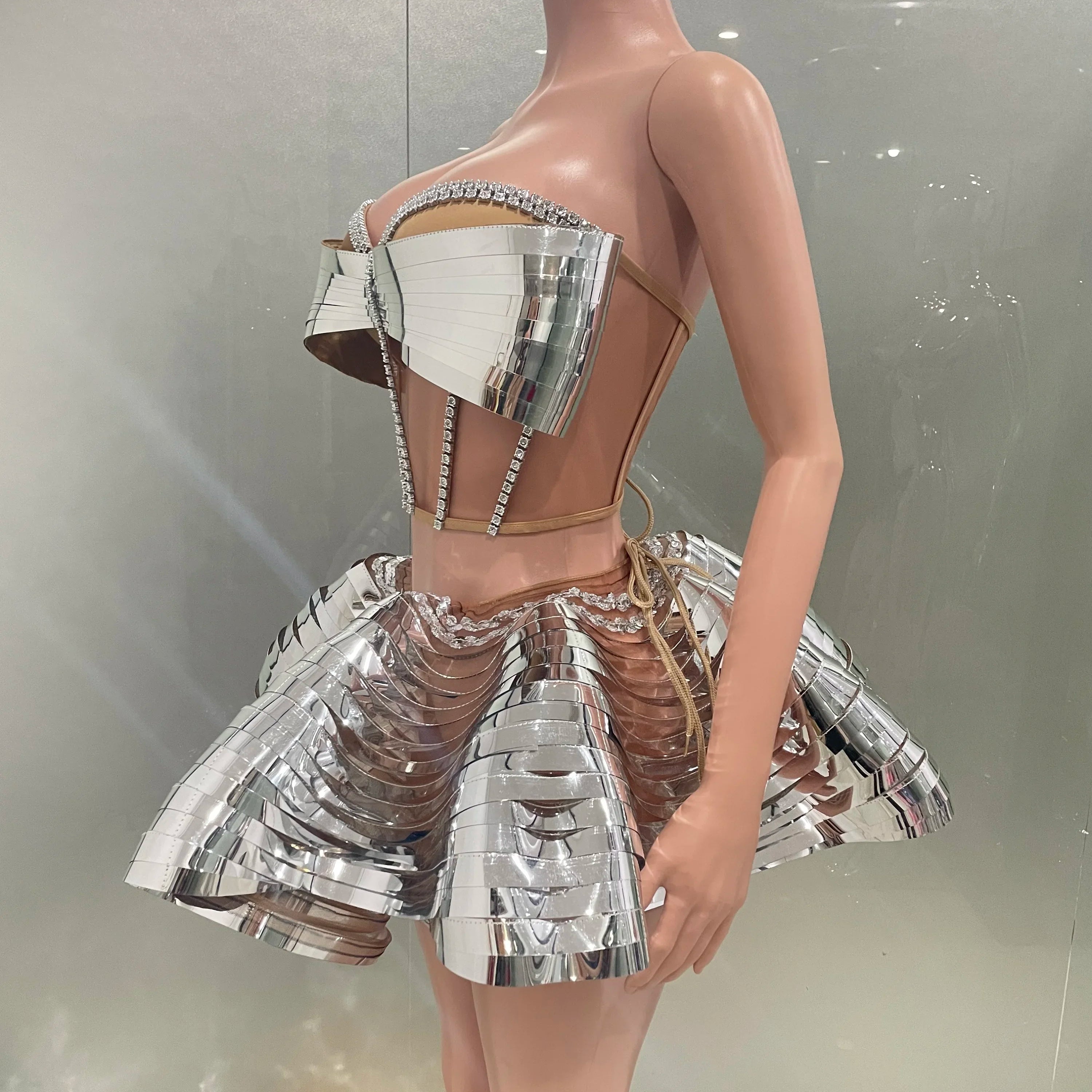 Sliver Mirror Surface Woman Set Stereoscopic Bows Strapless Tops And UFO Mini Skirt 2 Pieces Party Outfit Performance costume