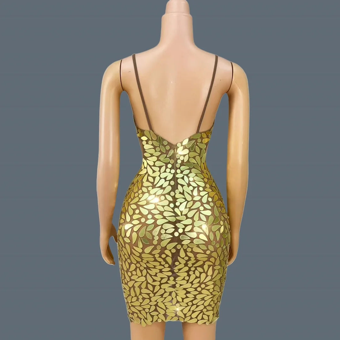 Sexy Backless Strap Deep V Mini Dress Gloden Sequins Evening Dress Birthday Party Queen Maxi Dress Club Chic Dress Huangjinban
