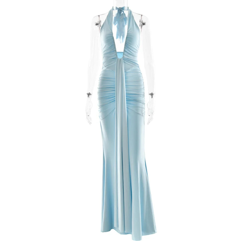 Women Halter V-neck Stacked Ruched Backless Bodycon Midi Maxi Long Dress 2025 Vacation Birthday Sexy Party Club Dresses SKY BLUE