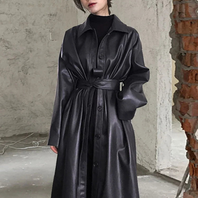 Autumn Long Black Cool PU Leather Trench Coat for Women Belt Single Breasted Loose Korean Fashion Wholesale Clothes 2022 Black