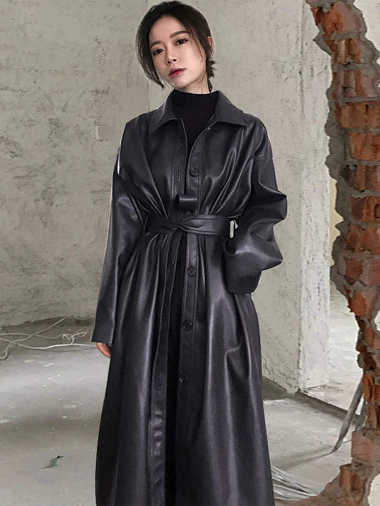 Autumn Long Black Cool PU Leather Trench Coat for Women Belt Single Breasted Loose Korean Fashion Wholesale Clothes 2022 Black