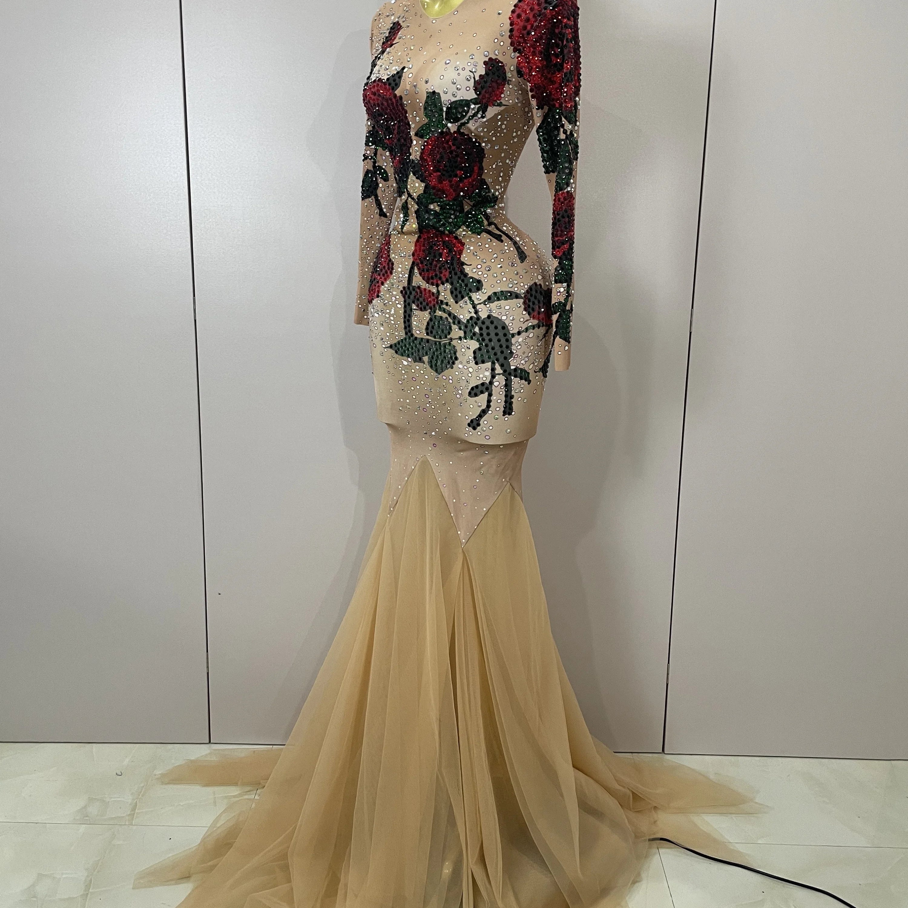 Sexy Shiny Rhinestone Rose Floral Floor-Length Dress Evening Women Eveing Celebrate Birthday Party Nightclub Performance Costume