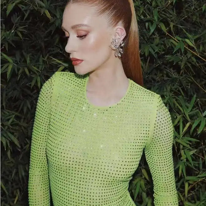 2023 Long Sleeve Diamond Mesh See Through Sexy Bodycon Long Dress Celebrity Nightclub Party Dress Vestido