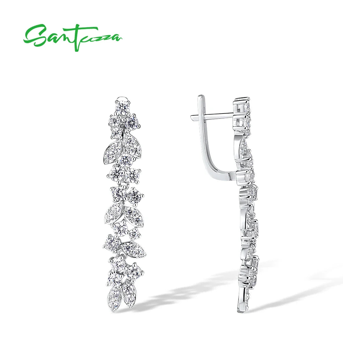 SANTUZZA Real 925 Sterling Silver Cluster Drop Earrings For Women White Cubic Zirconia Simple Daily Long Elegant Fine Jewelry