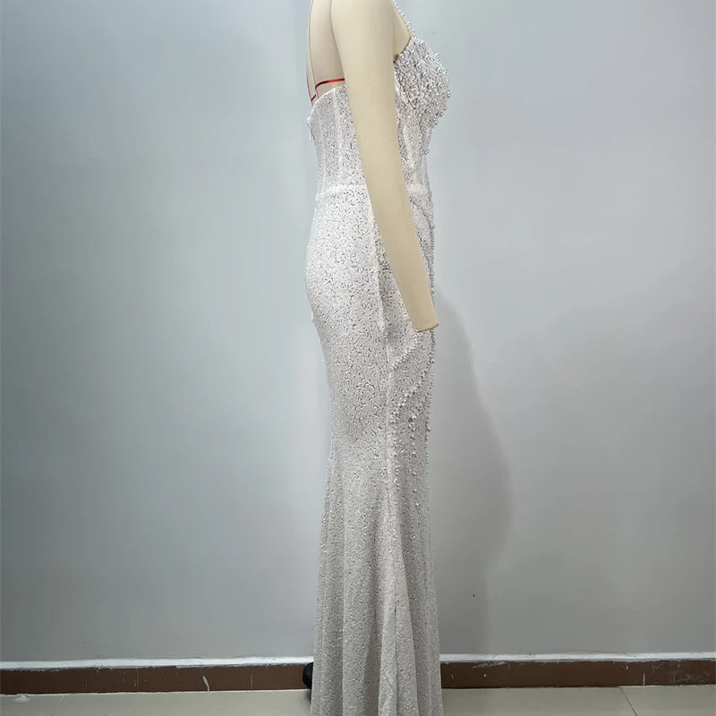 2025 New Pink Sequins Sexy High Slit Strapless Long Dress Graceful Woman Wedding Party Dress Red Carpet Goddess Vestido