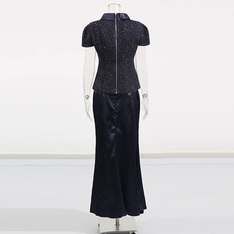 Solid Slimming Two Piece Sets for Women Round Neck Short Sleeves Spliced Button Top High Waist Skirt Set Female New