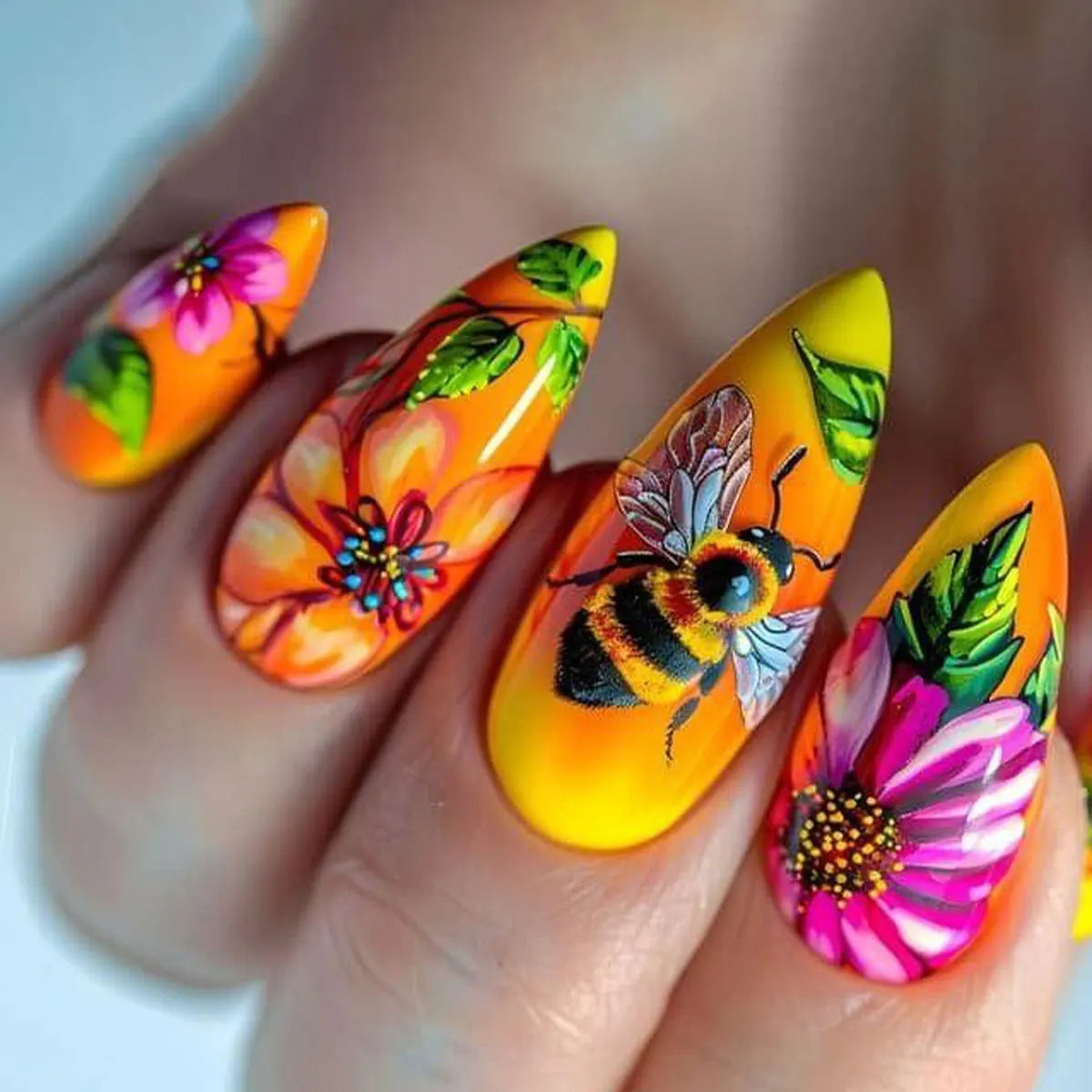 24pcs/set Medium long fake nails Gradient blue ocean fish sun flowers butterfly square ballet summer tips press on false nail 2372