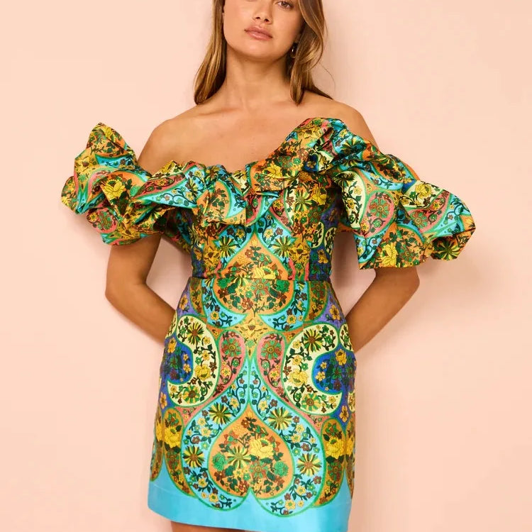 Slash Neck Mini Dress Women Off Shoulder Slim Sexy Vintage Printed Short Dress Backless Party Club Prom Fashion Elegant New 2024