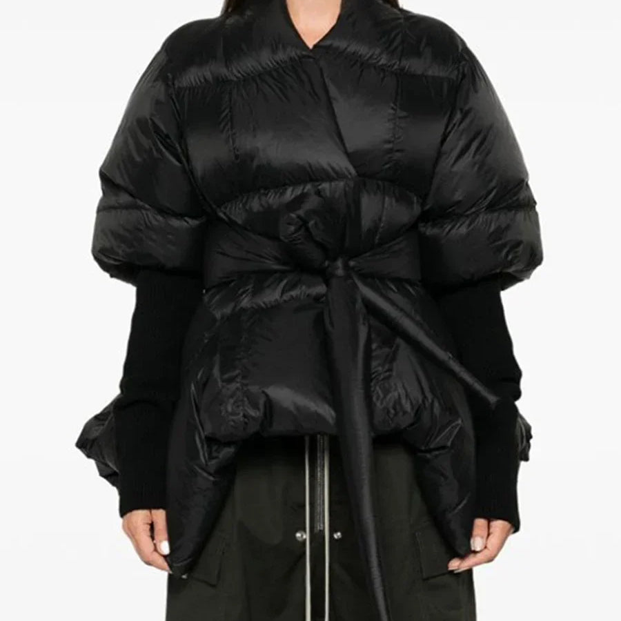 Solid Temperament Spliced Lace Up Coat for Women V Neck Long Sleeves Tunic Warm Cotton Coats Female Clothing New BLACK