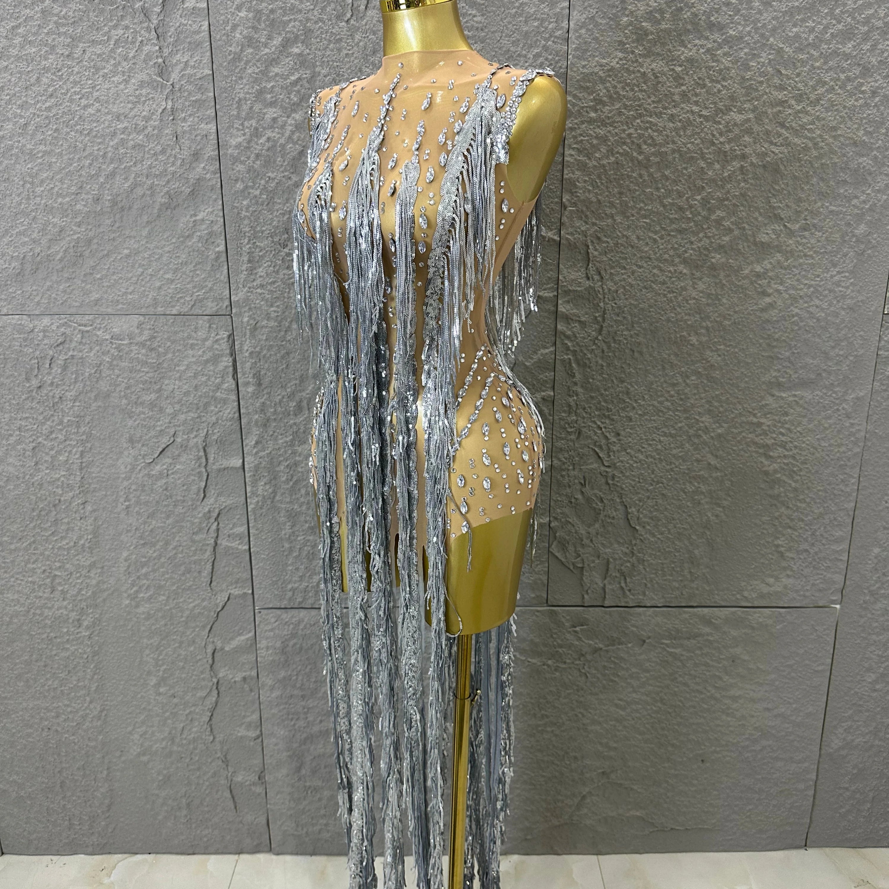 Luxury See Through Mesh Silver Rhinestone Long Tassel Dress Sleeveless Fitted Bodycon Formal Evening Wedding Guest Cocktail Gown