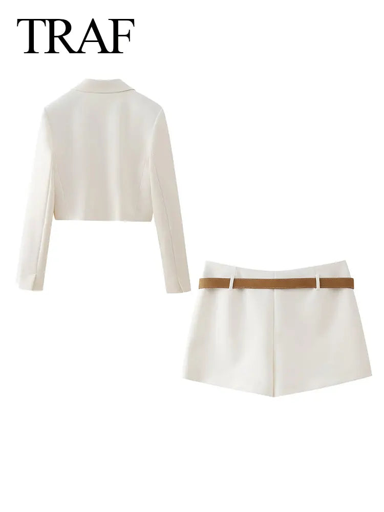 TRAF Spring Women's Solid Beige Blazer Suit Long Sleeves Cropped Blazer+High Waist With Belt A-Line Culottes Elegant Sets