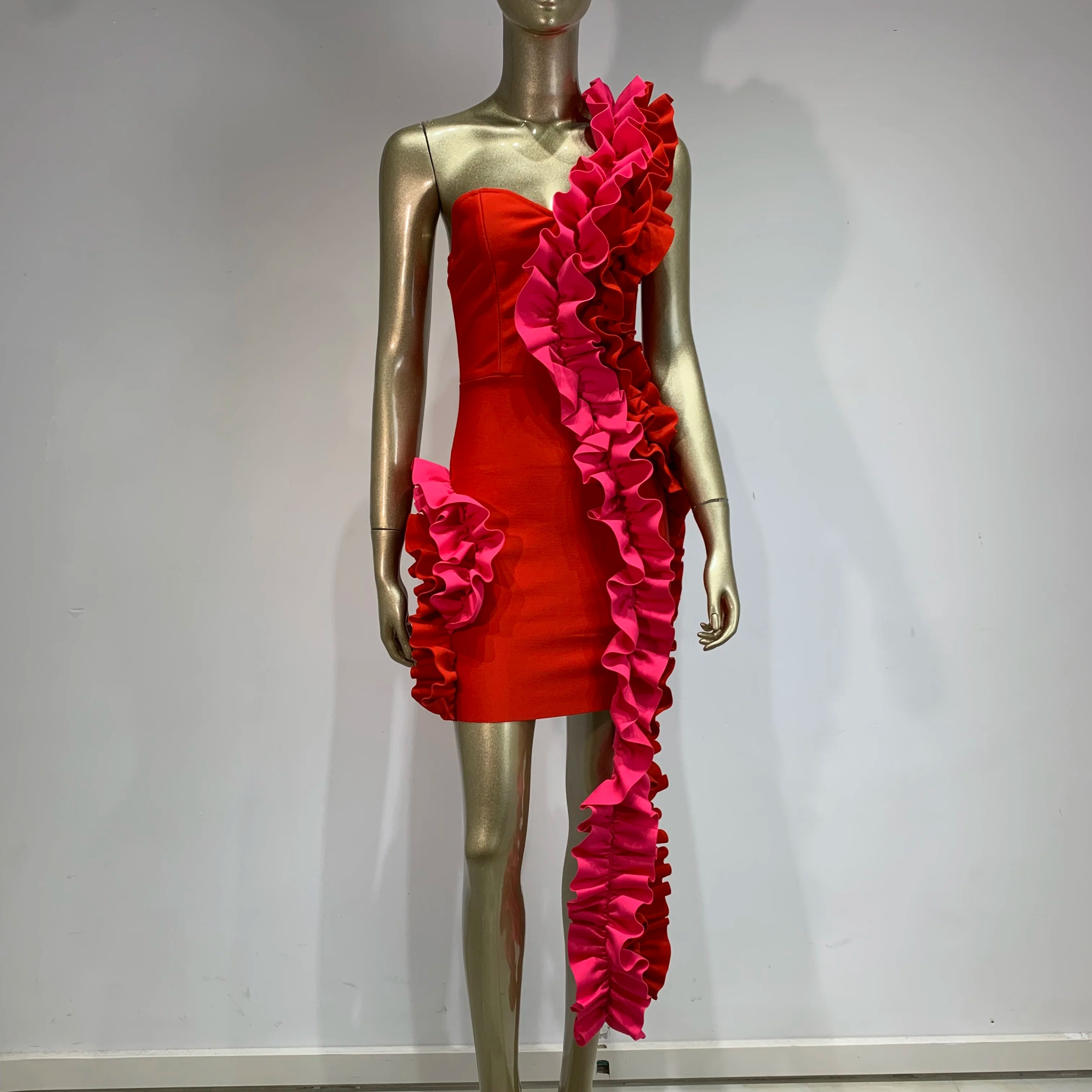 Women Summer Bandage Dress 2024 Women Celebrity Sexy One Shoulder Ruffles Red Bodycon Elegant Evening Club Party Dress