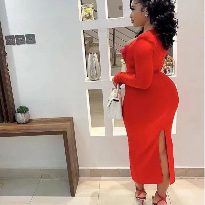 Black Red Color Women Long Sleeve Sexy Square Collar Rhinestones Bodycon Bandage Long Dress Nightclub Party Celebrate Dress