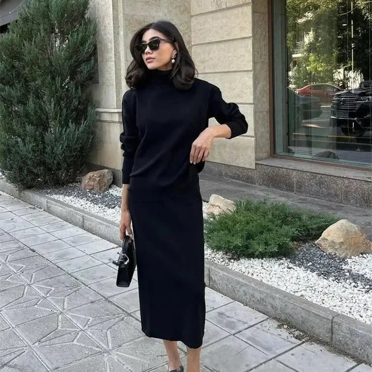 new Ribbed Knit 2 Piece Dress Set Outfits Ladies Knitwear Top And Midi Skirt Sets For Women Casual Winter Sweater Sets