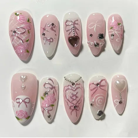 24Pcs Almond False Nails Cute Strawberries with French Design Simple White Wearable Fake Nails Decoration Press on Nail Tips Art 14