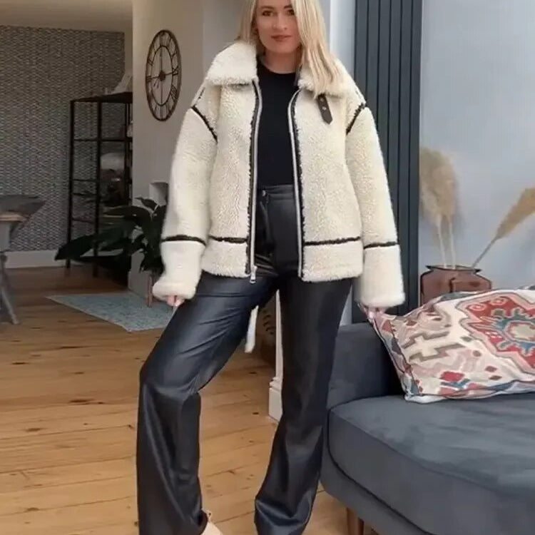 Suninheart Autumn and Winter Faux Fur Jacket with Zipper Women Long Sleeve Warm Jackets Coat Casual Lapel Cold Coat High