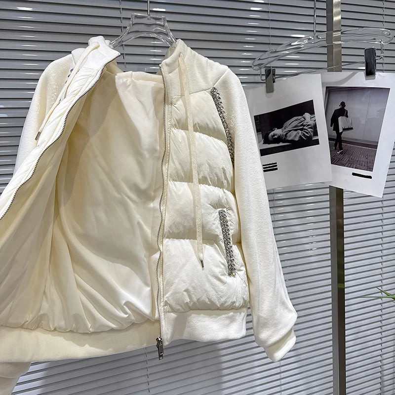 Winter New Fashion Rhinestone Hooded Patchwork Cotton Sweatshirt Fleece-Lined Wide-Leg Pants Set For Women 11A07920