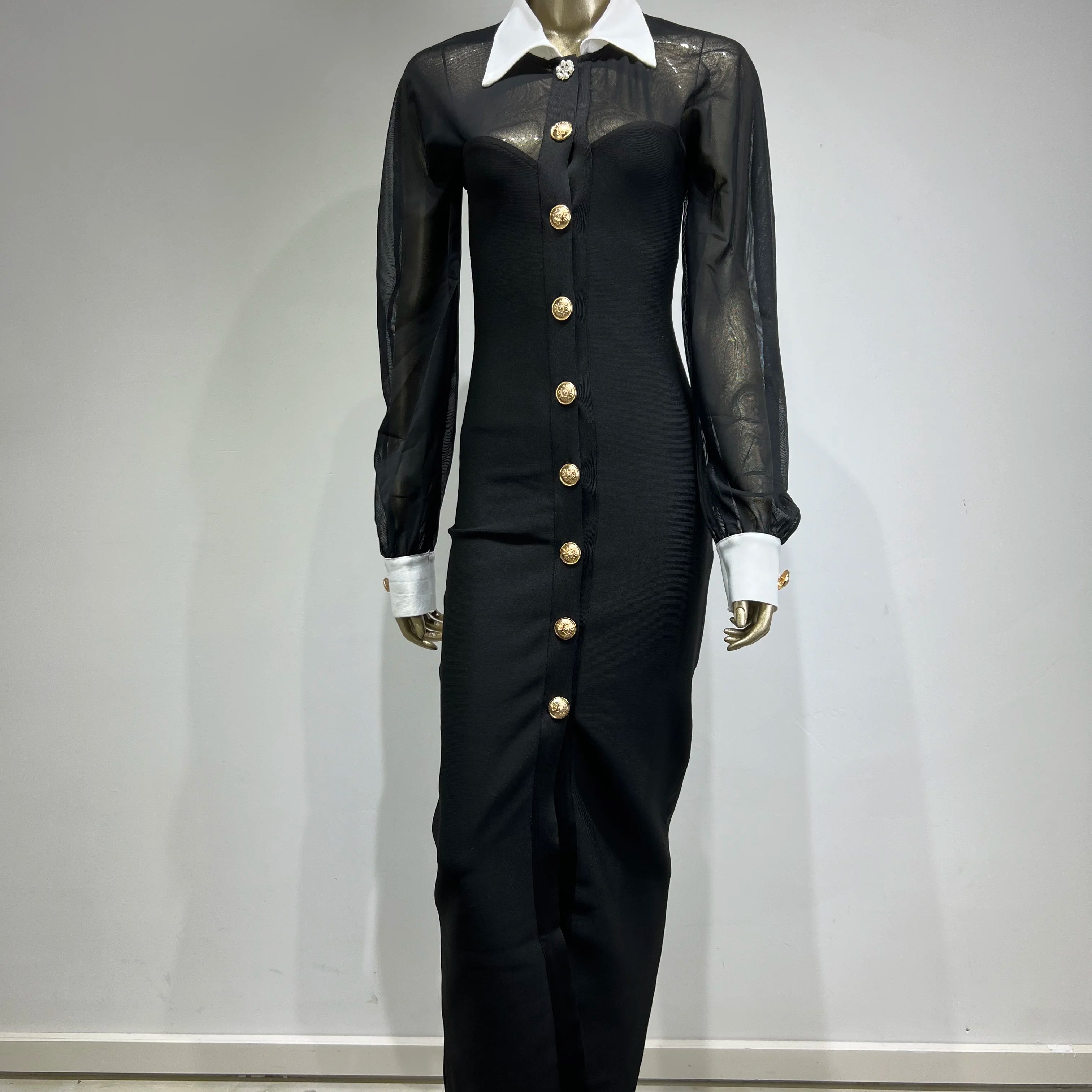 2024 New Spring Women Long Sleeve Mesh Button Bodycon Long Bandage Dress Fashion Runway Celebrate Evening Party Dress