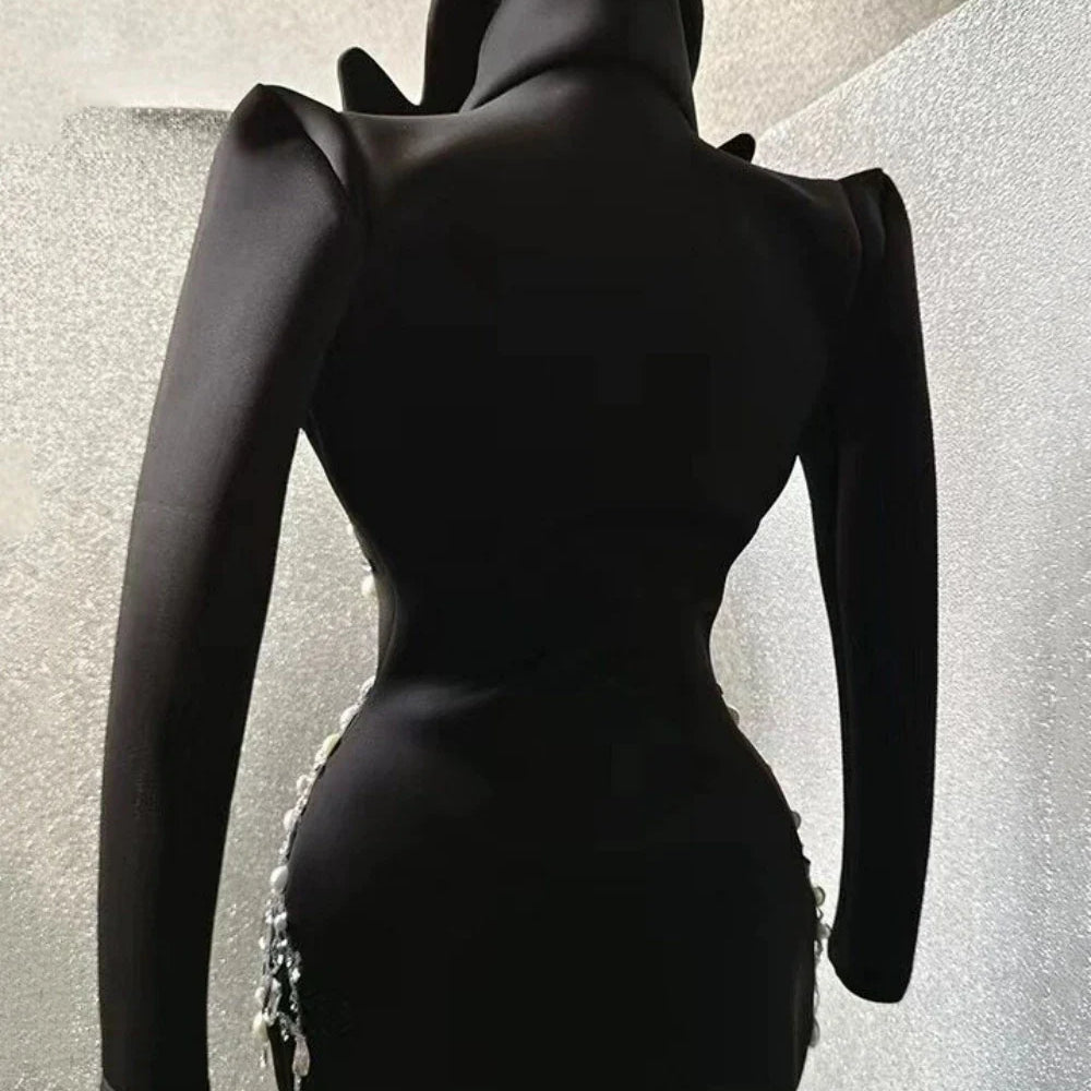 Sparkly Crystal Pearls Mini Dress Black Color Fashion Suit Collar Birthday Evening Party Nightclub Dress Singer Dress