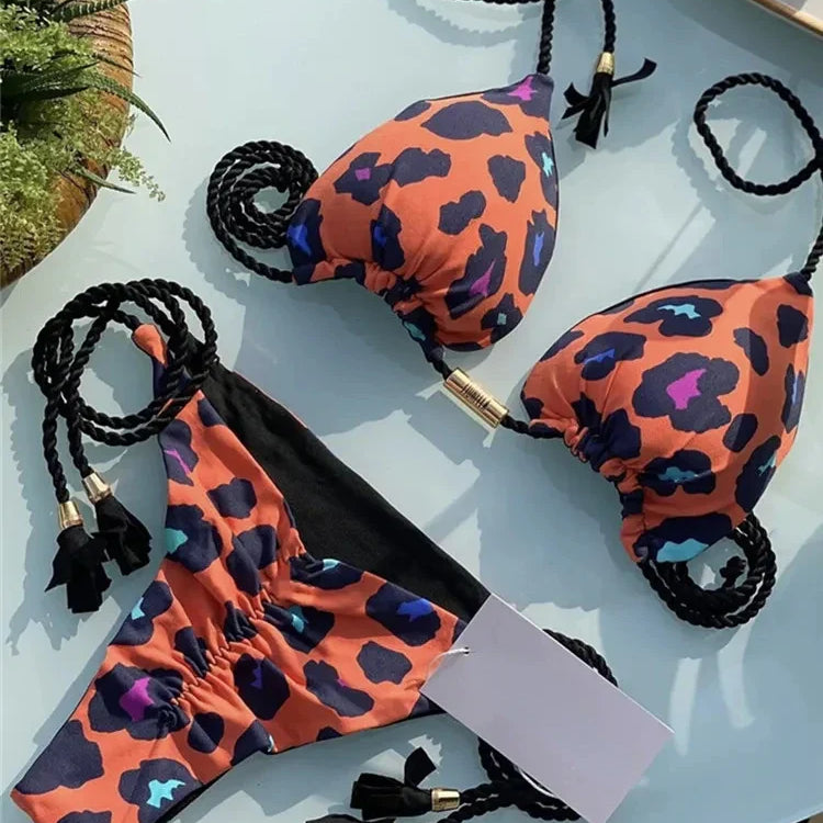 Sexy Swimsuit Women Triangle Bikinis Set Thong Bandage Swimsuits Solid Color Bath Suit Two Piece String Swimear Beach Wear 8252