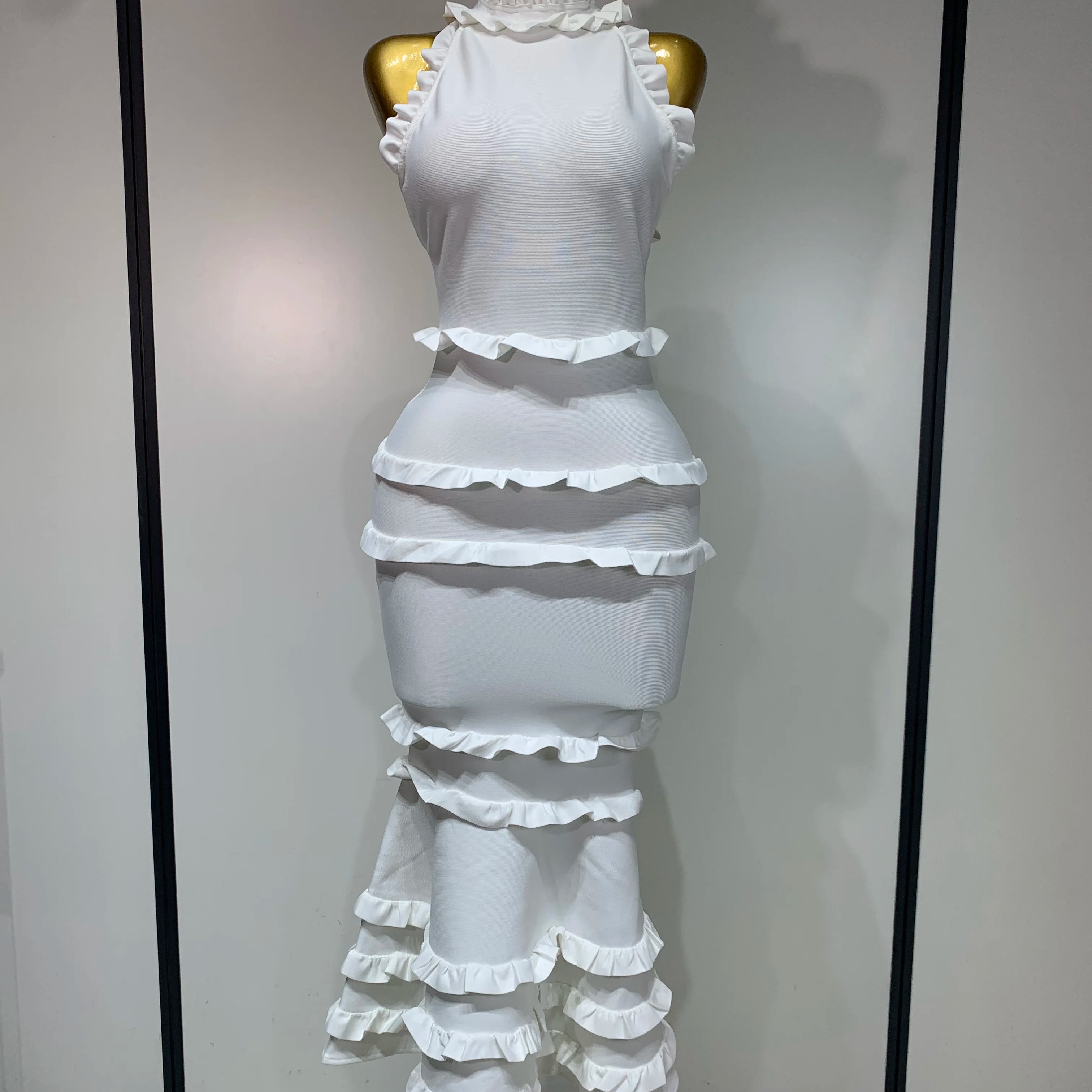 2025 New High quality White Elagant Retro Ruched High Collar Bodycon Bandage Dress Evening Party Fashion Simple Birthday Gown WHITE