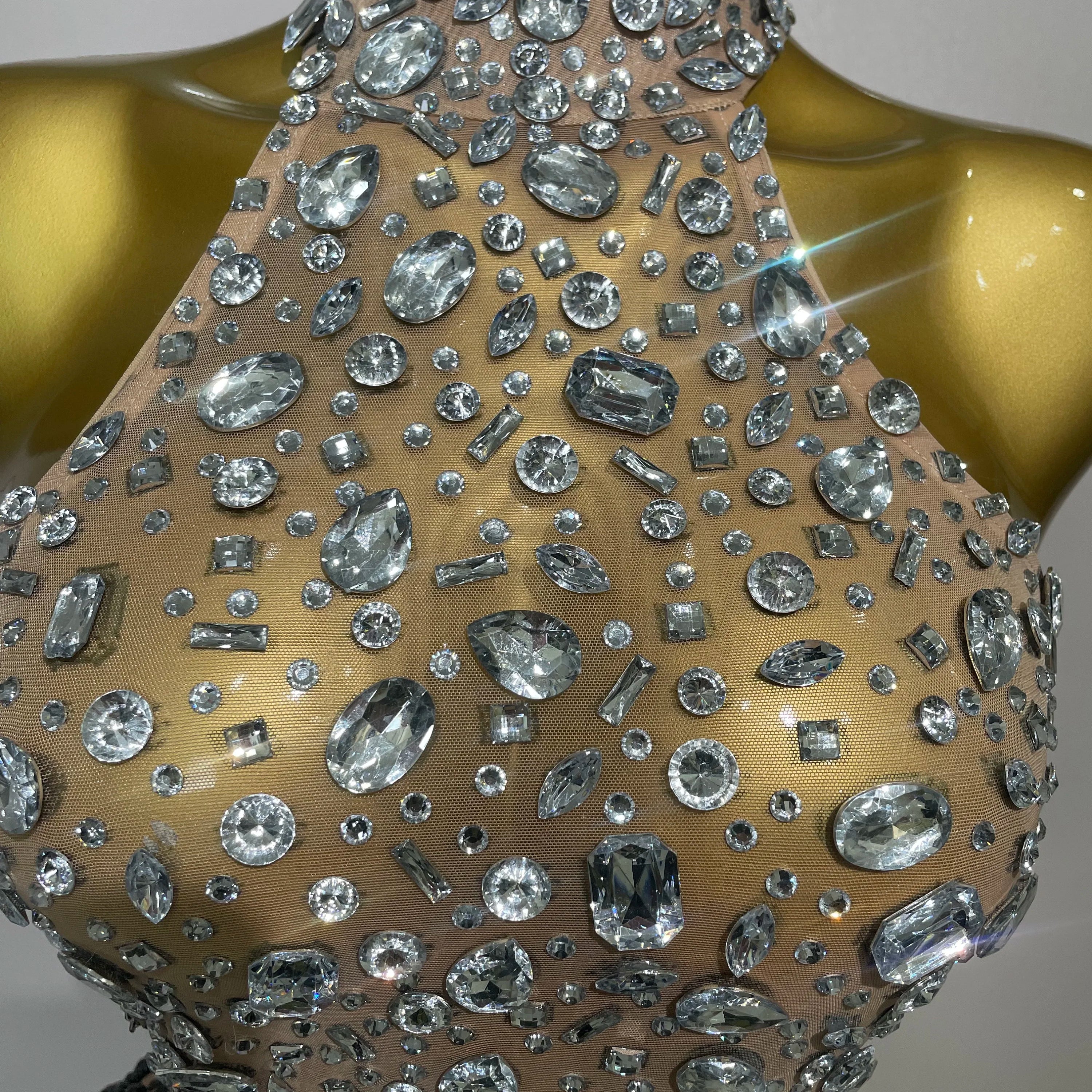 STOCK Sparkly Crystals Beading Short Dress 2025 Women Sexy Mesh Backless Evening Prom Celebrate Birthday Dress Photo Shoot Wear