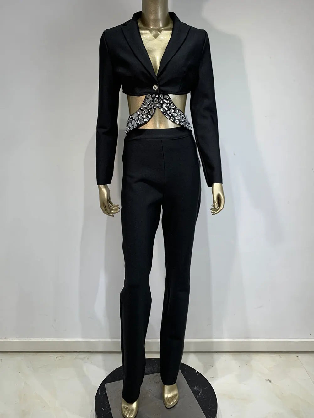 2024 Women Bandage Long Pants Set With Lapel Long Sleeved Nail Bead Design Backless Sexy Ultra Short Jacket+Pants Two-Piece Set black