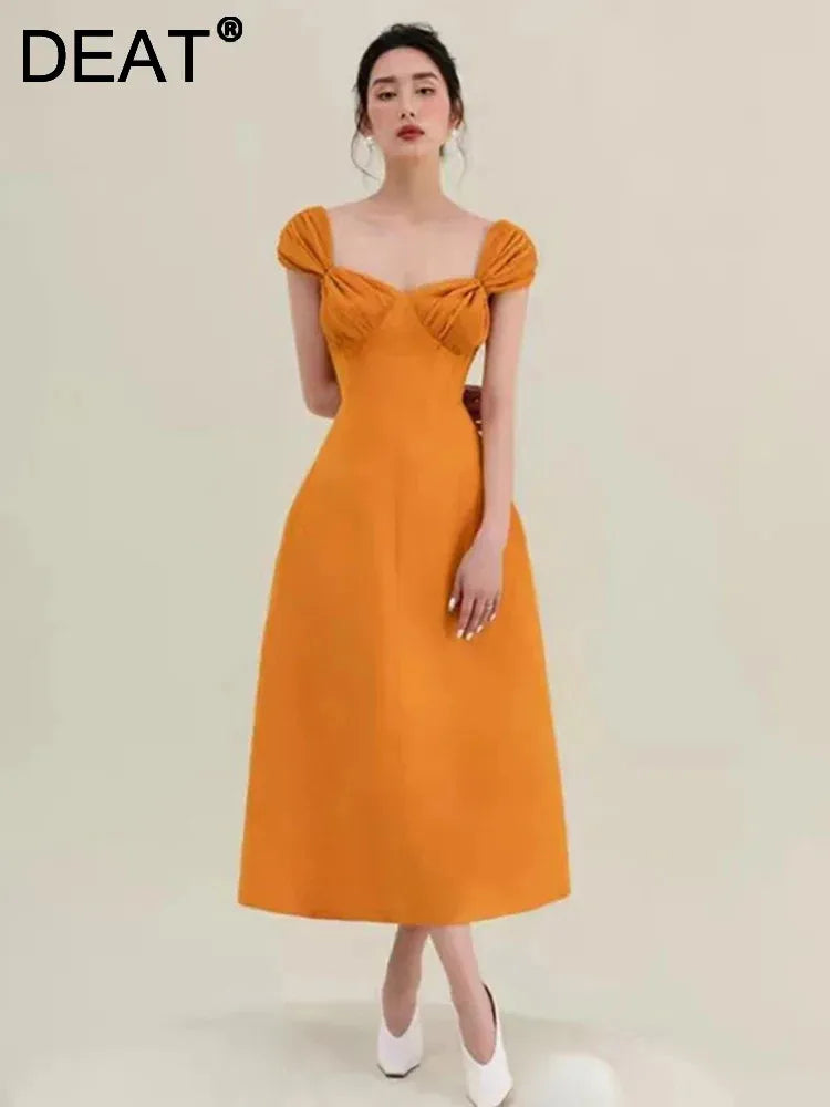 DEAT Women's Dress Bowkont Square Collar Pleated Sleeveless Waist Backless Casual Dresses Spring New Fashion 13DB3266