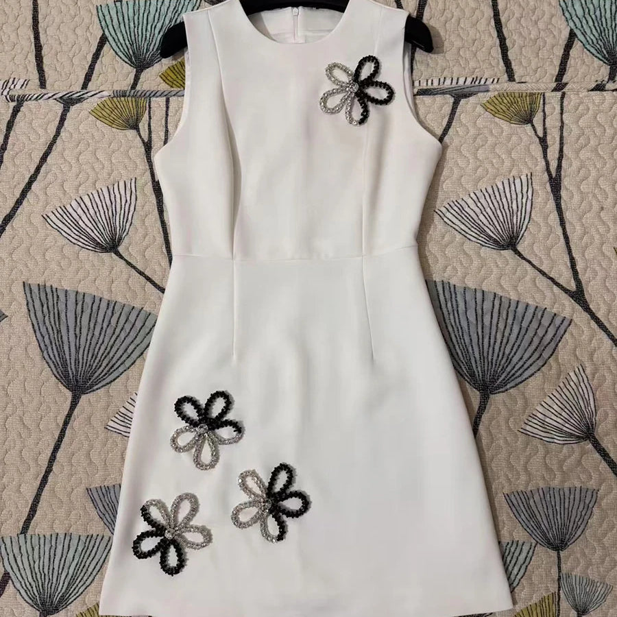 Solid Slimming Elegant Dresses for Women Round Neck Sleeveless Patchwork Bead Fashion Mini Dress Female Clothing