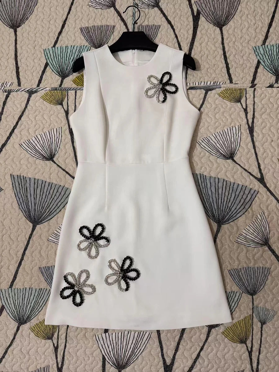 Solid Slimming Elegant Dresses for Women Round Neck Sleeveless Patchwork Bead Fashion Mini Dress Female Clothing