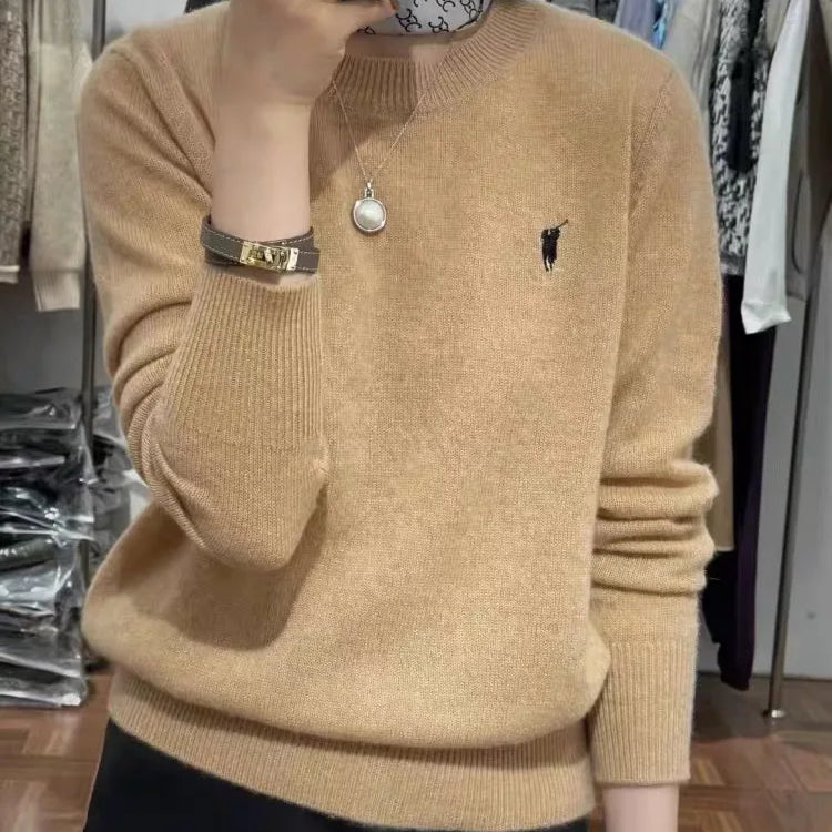 Women's Fashion Spring and Autumn Cashmere Embroidered Pullover O-neck New Soft and Comfortable Casual Long Sleeve Embroide camel