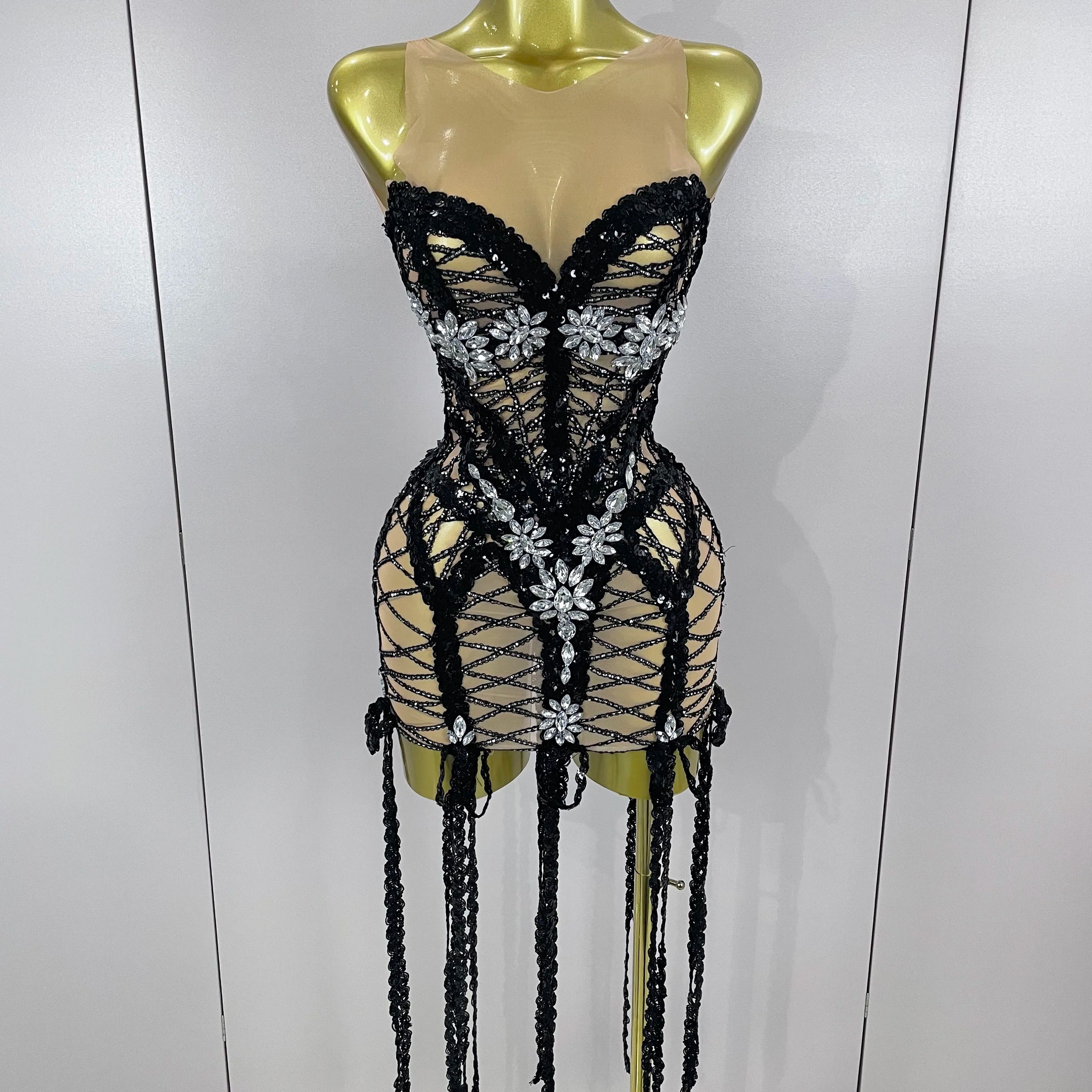 Sparkle Sequins Embroider Sparking Diamonds Long Tassel Sleeveless Mini Dress Women Red Carpet Goddess Stage Performance Costume black
