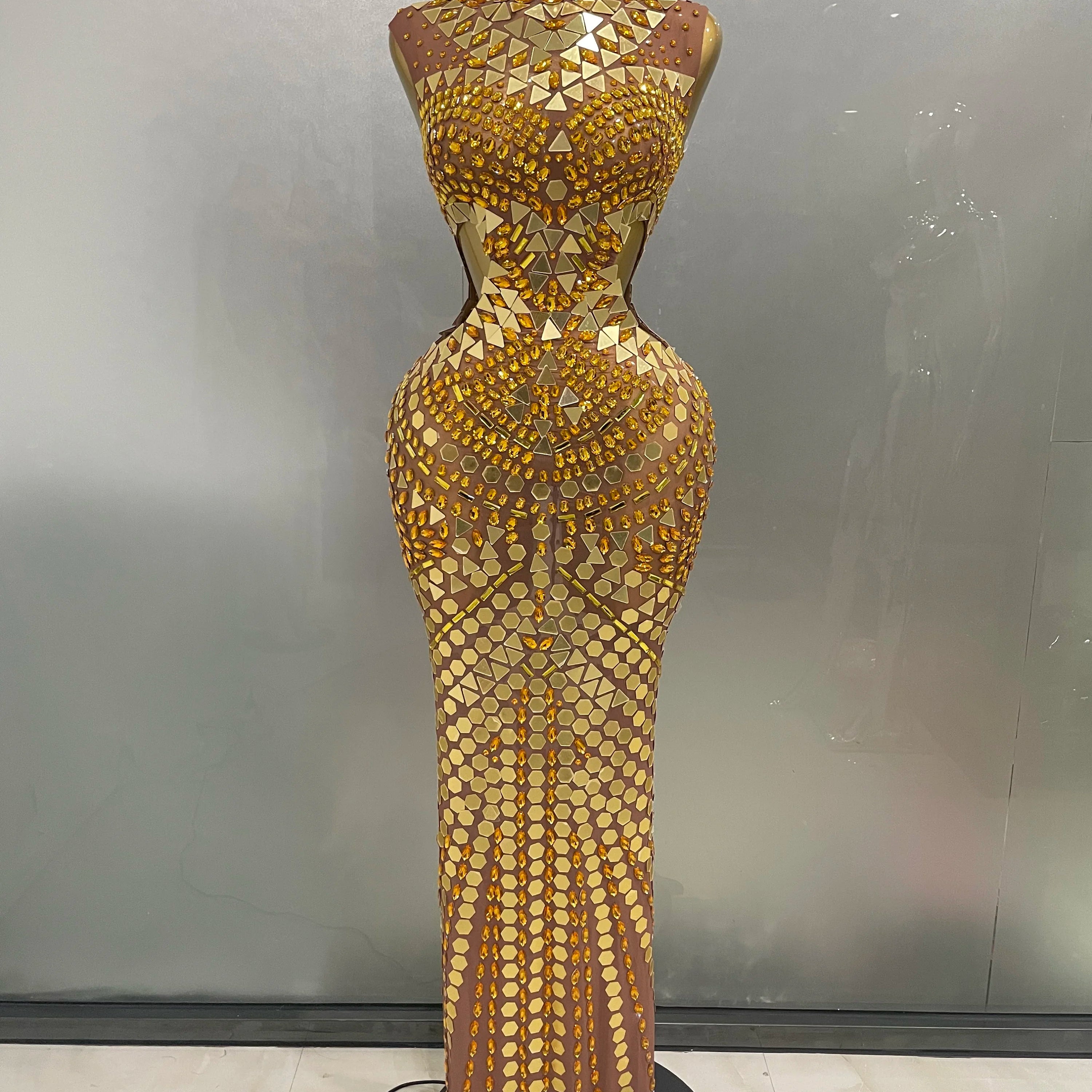 Luxury Shiny Mirror Rhinestones Hollowed-out Long Dress 2025Women Celebrity Evening Party Catwalk Prom Stage Photo Shoot Dresses Gold
