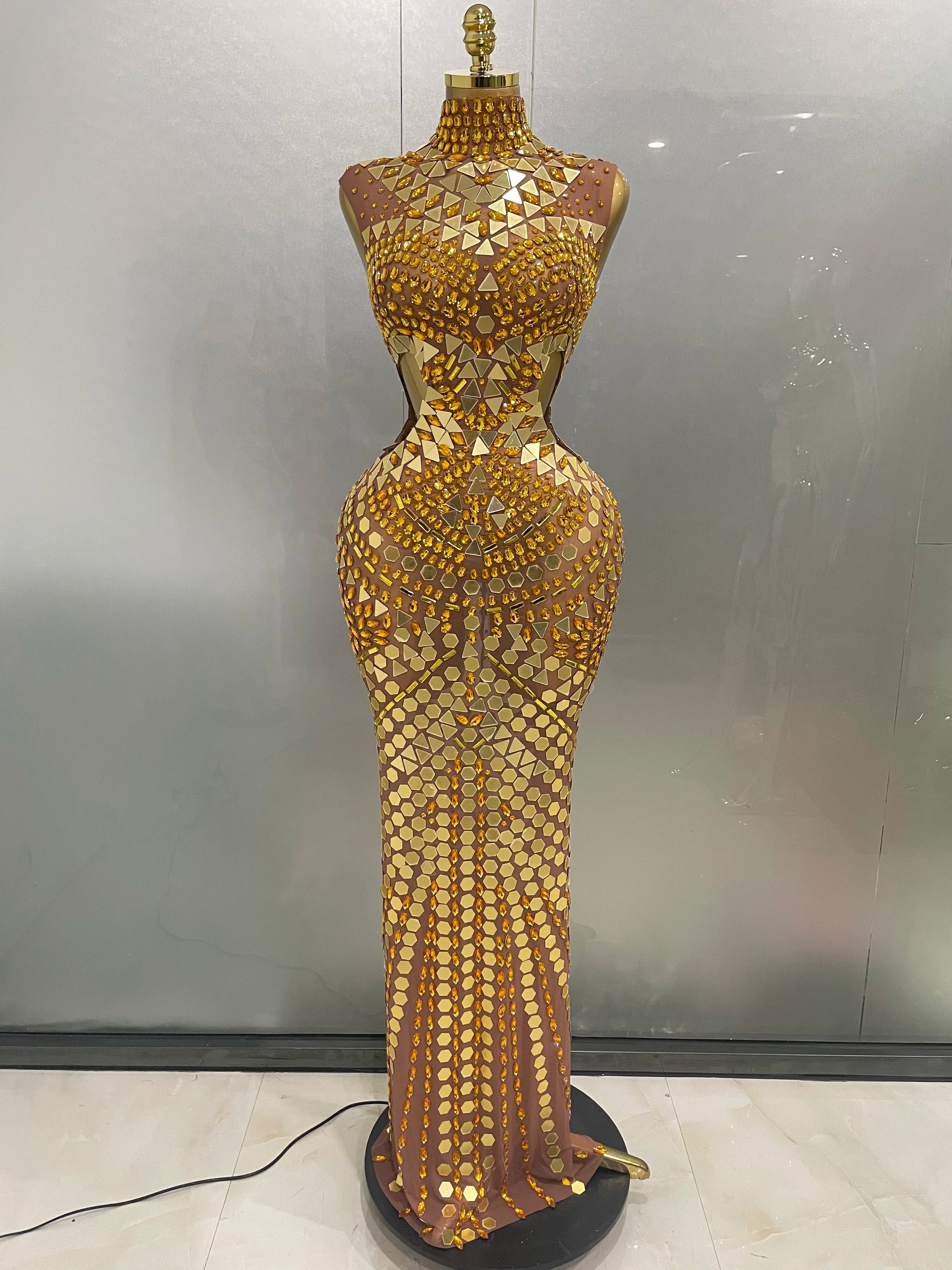 Luxury Shiny Mirror Rhinestones Hollowed-out Long Dress 2025Women Celebrity Evening Party Catwalk Prom Stage Photo Shoot Dresses Gold